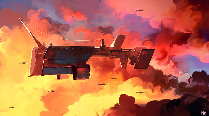 sky, clouds, futuristic, artwork, vehicle, Dominik Mayer, fire