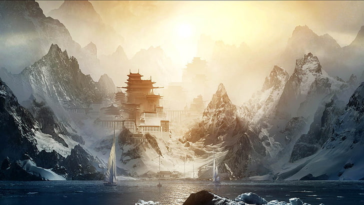 temple near body of water surrounded by mountains wallpaper, artwork