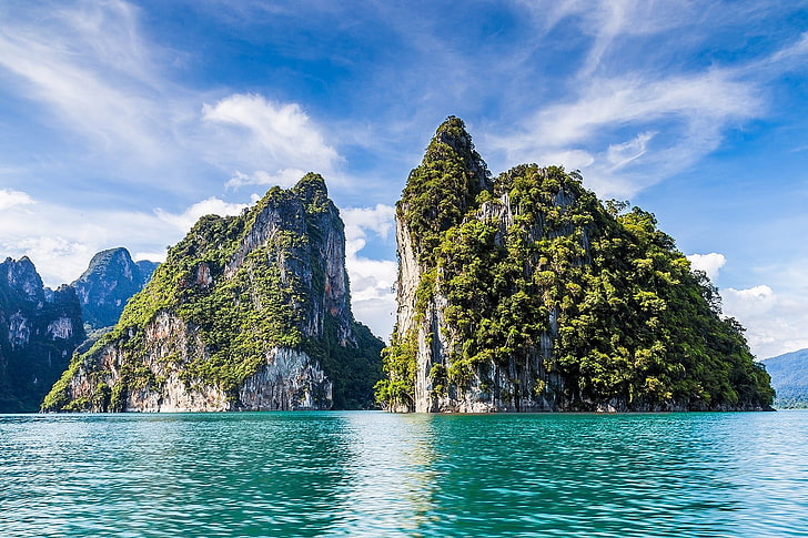 green mountain, island, limestone, sea, turquoise, water, tropical, HD wallpaper