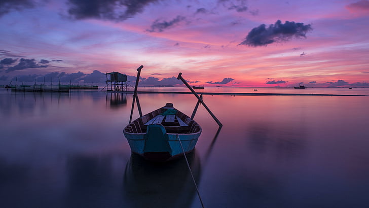 boat, purple, sky, reflection, water, purple sunset, calm, horizon