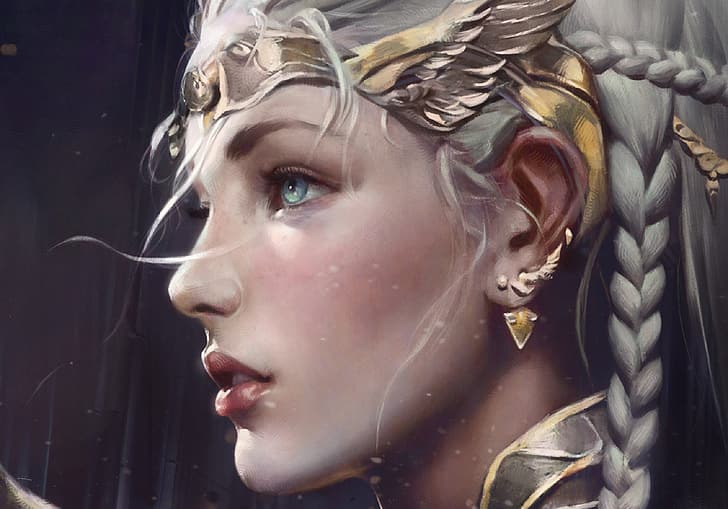 earrings, braids, elf, blue eyes, Diadema, princess, in profile