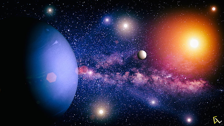 planets on sky, space, Neptune, sun rays, lens flare, stars, Photoshop, HD wallpaper
