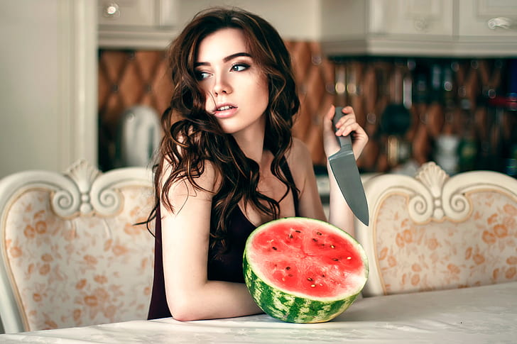 girl, watermelon, knife, Anastasia Lis