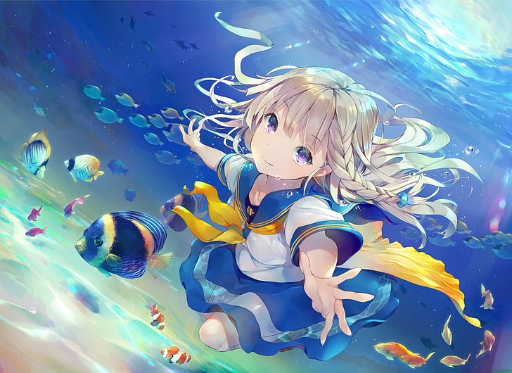 anime, anime girls, underwater, blonde, fish, sea, animals, HD wallpaper