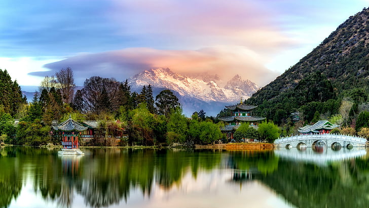 park, mountain, snow mountain, jade dragon snow mountain, lake, HD wallpaper