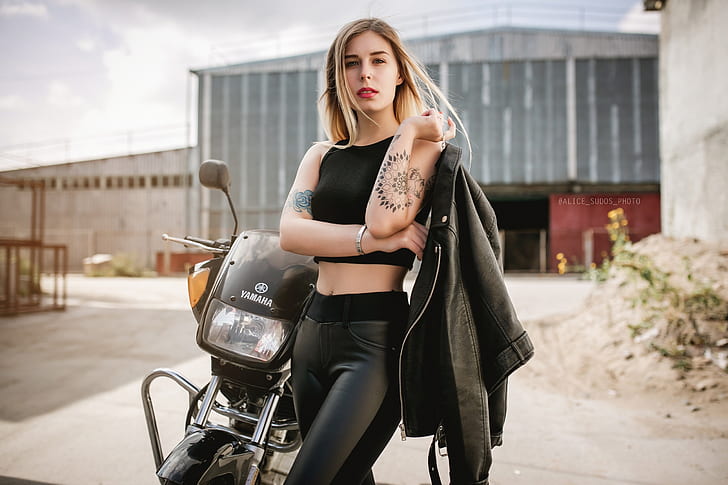 women, blonde, black clothing, tattoo, portrait, women with motorcycles, HD wallpaper