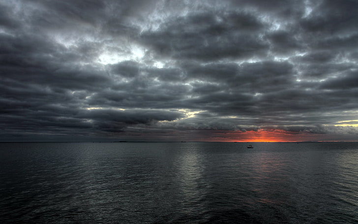 horizon illustration, sunset, nature, boat, water, sky, clouds, HD wallpaper