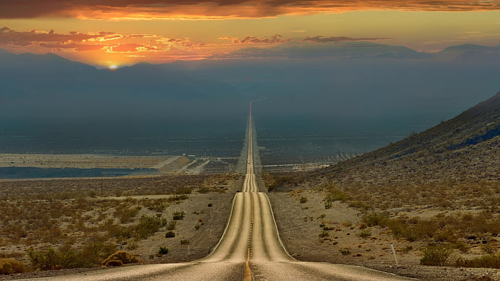blue sky, nature, landscape, road, hills, California, USA, sunset, HD wallpaper