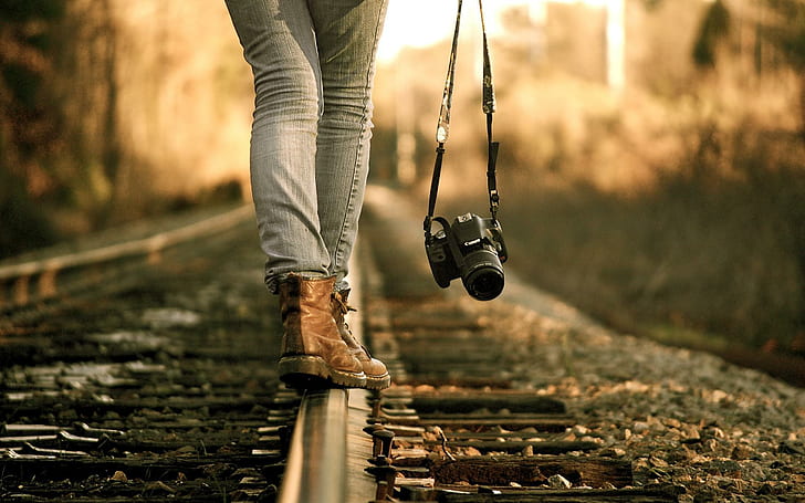 Balancing on the railroad, black bridge camera, photography, 1920x1200, HD wallpaper