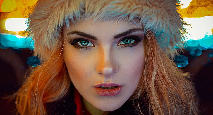 Carla Sonre, face, portrait, winter, looking at viewer, model