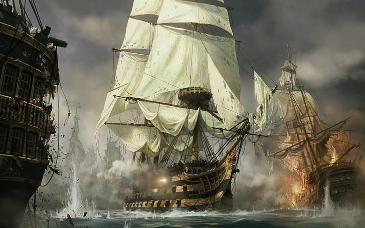 arte, barcos, guerra, pintura, nautical vessel, water, cloud - sky, HD wallpaper