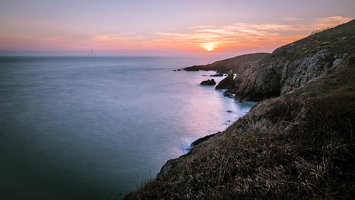 bird's eyeview of cliff and sunset, howth, dublin, ireland, howth, dublin, ireland, HD wallpaper