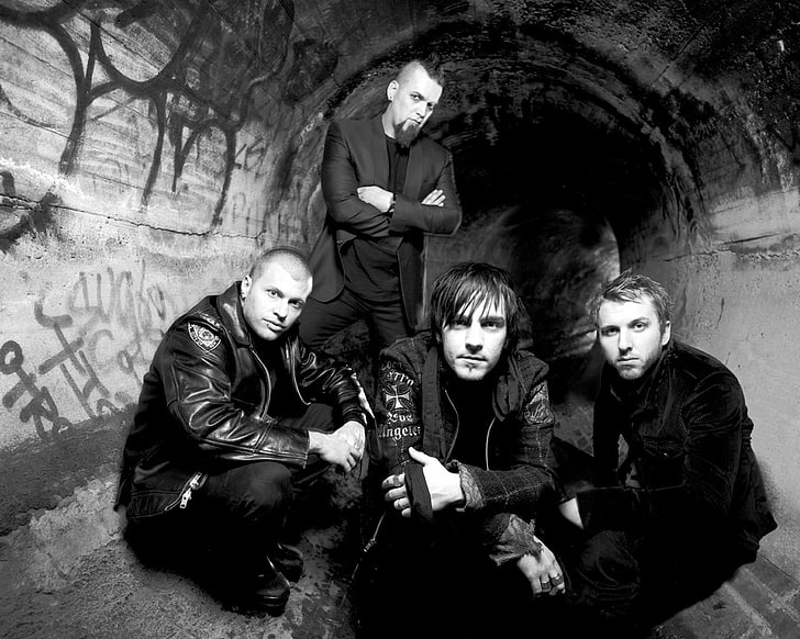 grayscale photo of boy band, three days grace, members, pipe