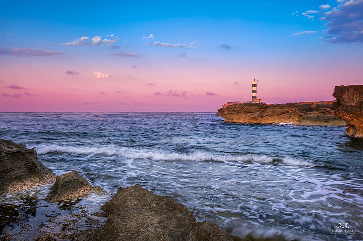 black and white lighthouse beside blue sea photography, mallorca, spain, mallorca, spain, HD wallpaper