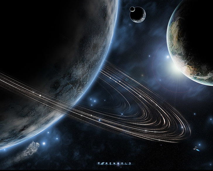 light outer space horizon stars planets rings spaceships science fiction vehicles moons 1280x1024 Space Moons HD Art