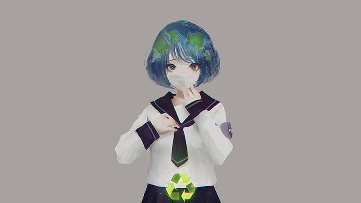 Earth-chan, school uniform, face mask, NASA, simple background, HD wallpaper