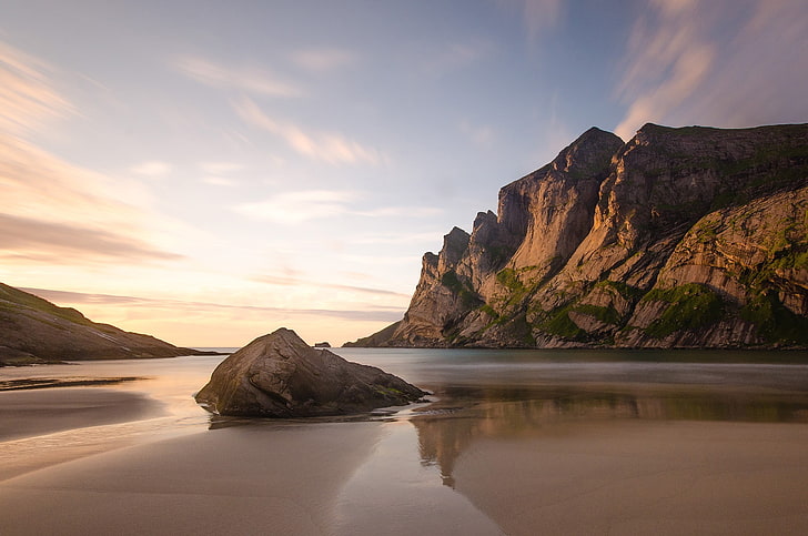 brown rock formation, nature, bay, beach, rocks, sea, water, sky, HD wallpaper