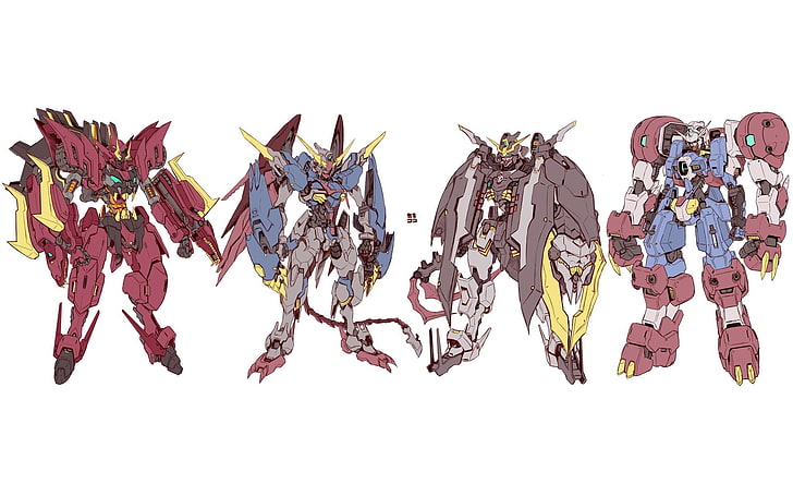 four Gundam robot drawinggs, mech, digital art, Mobile Suit Gundam Wing, HD wallpaper