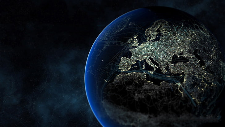 earth illustration, Europe, lights, planet, space, world, digital art, HD wallpaper