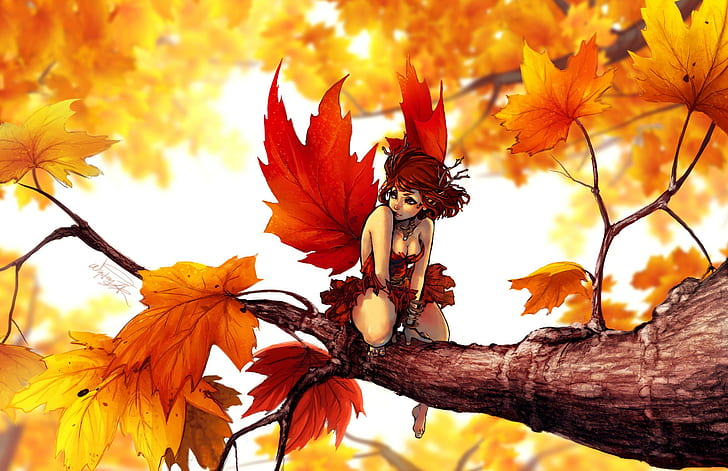 artwork, fantasy art, digital art, fairies, leaves, maple leaves, HD wallpaper