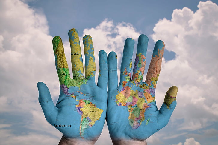 Africa, clouds, Continents, Europe, hands, map, nature, North America, HD wallpaper