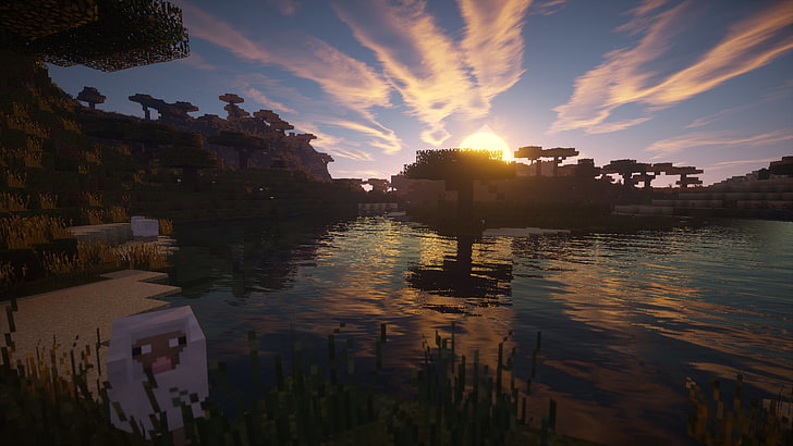 body of water, Minecraft, video games, sunset, reflection, dusk
