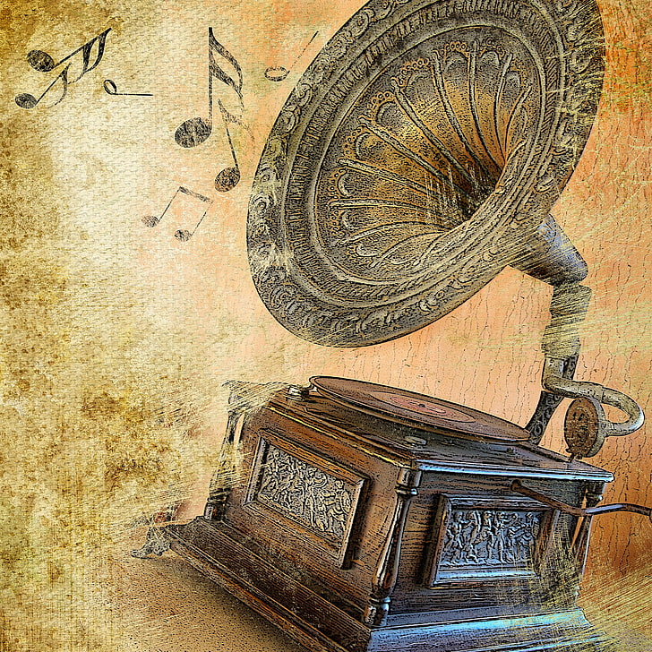 Premium AI Image | A vintage gramophone is on a desk in a dark room.
