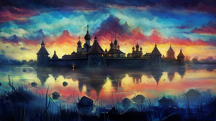 painting of castle, drawing, monastery, reflection, clouds, colorful