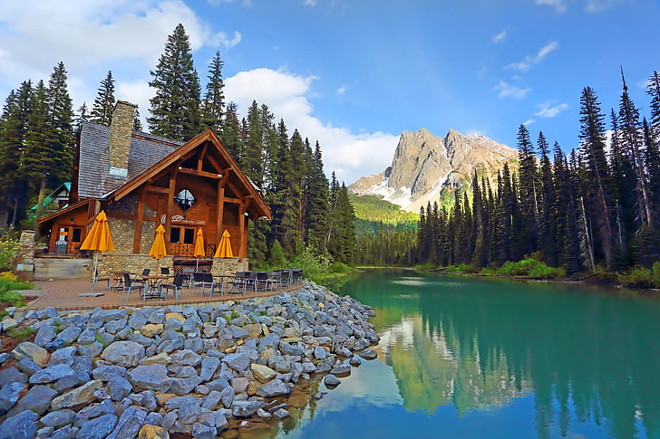 forest, trees, mountains, lake, Canada, restaurant, house, British Columbia, HD wallpaper