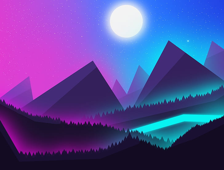 Mountains, neon, Landscape, the night sky, view, beautiful landscape, HD wallpaper