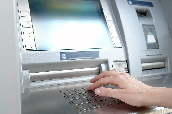 silver ATM machine, girl, hands, password, banking, finance, currency