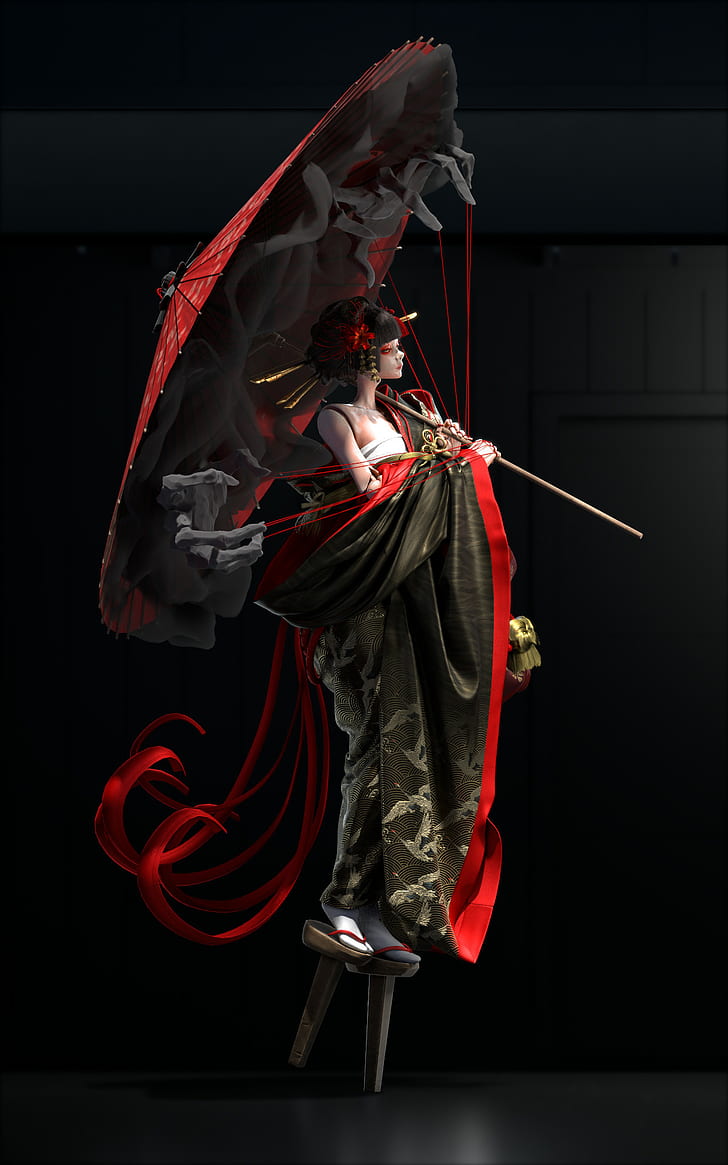 puppets, Japanese, umbrella, kimono, hands, strings, demon