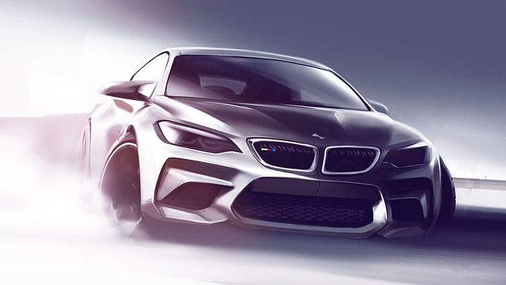gray BMW 3-series drifting on road, concept cars, drawing, motor vehicle, HD wallpaper