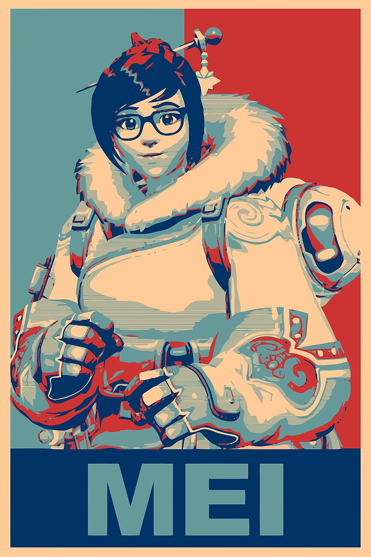 woman in blue and red dress painting, propaganda, Mei (Overwatch)