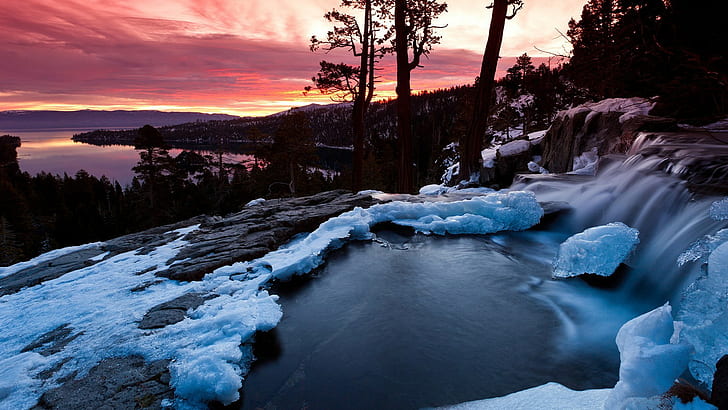 nature, landscape, sunset, winter, snow, HD wallpaper