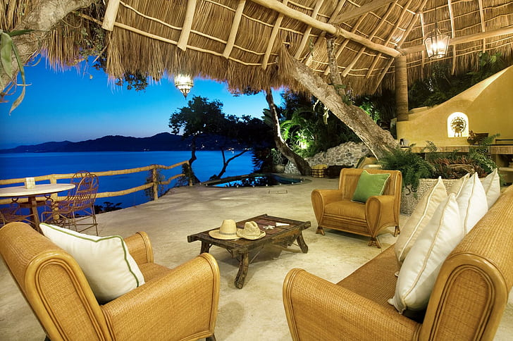 Caribbean Bliss, towels, tropical, water, trees, wicker, ocean, HD wallpaper