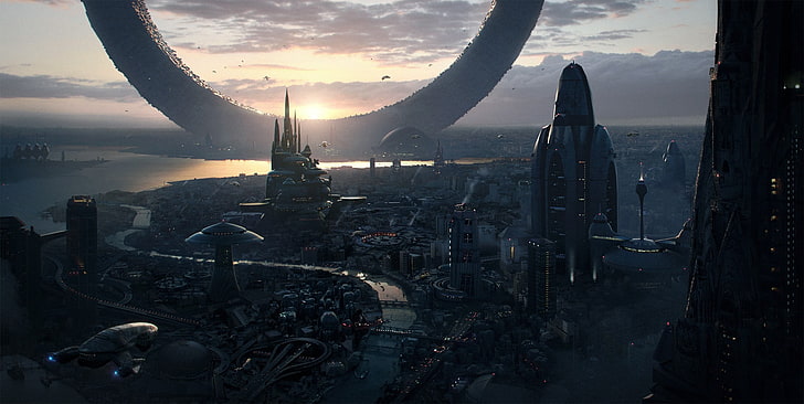 city movie still screenshot, futuristic city, artwork, science fiction