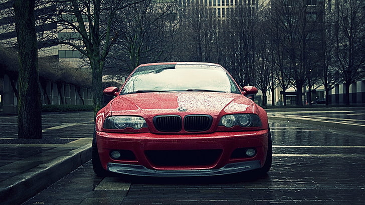 red BMW car, rain, city, sports car, BMW M3 E46, red cars, vehicle