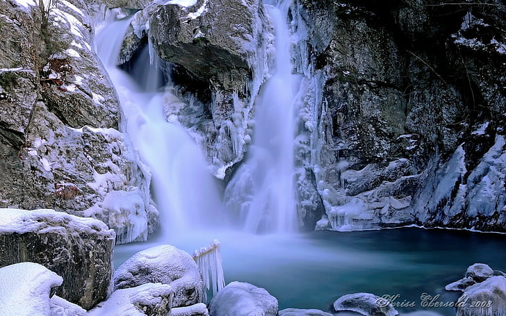 landscape, nature, winter, ice, waterfall