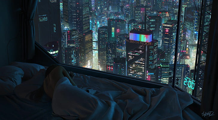 city, night, neon, sleeping, cyberpunk