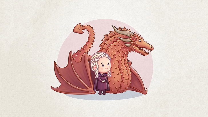 Daenerys Targaryen and Drogon cartoon graphic, A Song of Ice and Fire, HD wallpaper