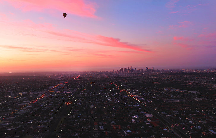 silhouette of hot air balloon, landscape, cityscape, aerial view