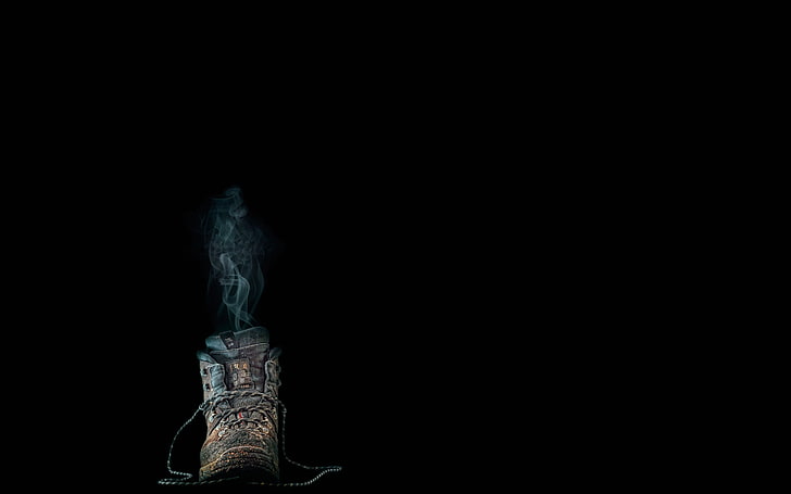 untitled, minimalism, black background, boots, smoke, dirt, lace, HD wallpaper