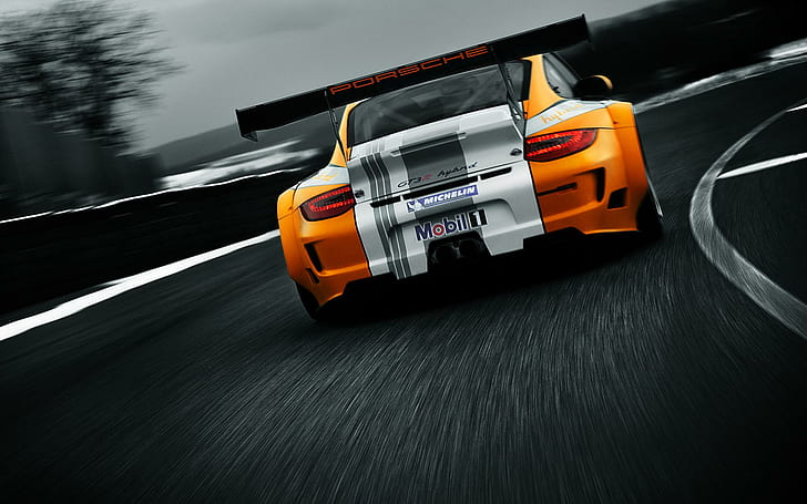 Porsche GT3 R Hybrid 4, white and orange porsche 911, cars, HD wallpaper