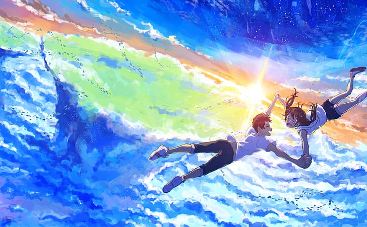 digital art, anime, sky, sunrise, clouds, falling, Hina Amano, HD wallpaper