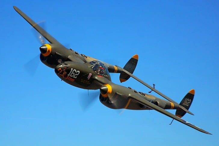 P38 Lightning - Skidoo, black and yellow fighting plane, airplane, HD wallpaper