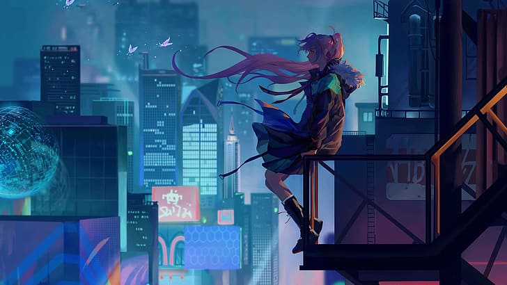 anime, anime girls, night, futuristic city, butterflies