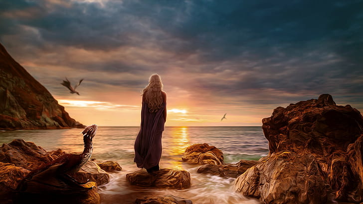 Game of Thrones, Daenerys Targaryen, fantasy art, sunset, dragon