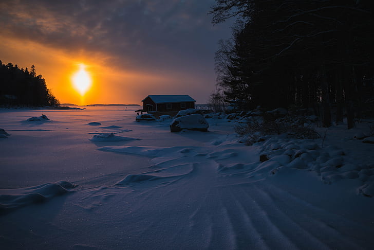snow covered house and terrain during golden hour, Sunset, nikon  d600