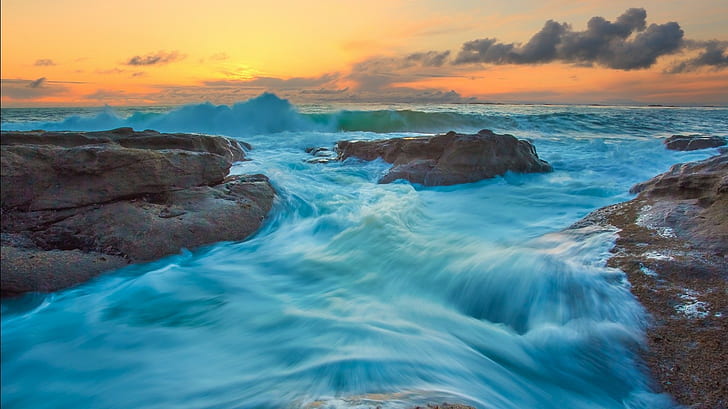waves, sea, sunset, HD wallpaper